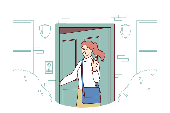 Woman is entering into house with smiling face  Illustration