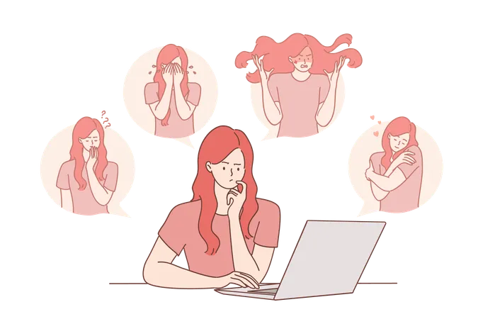 Mental Disorder Distracted Behaviour Concept Young Woman Cartoon Character Sitting Near Laptop Expressing Various Feelings And Emotions Suffering From Mood Changes Vector Illustration Illustration