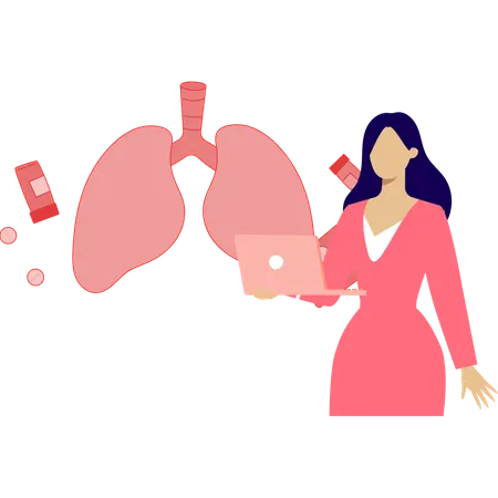 Woman is explaining about lungs on laptop  Illustration