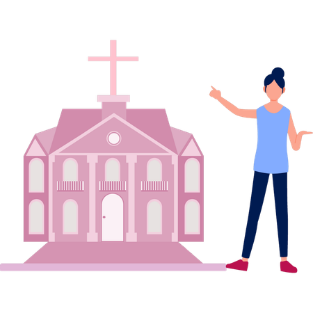 女性が大聖堂の建築について説明している  イラスト