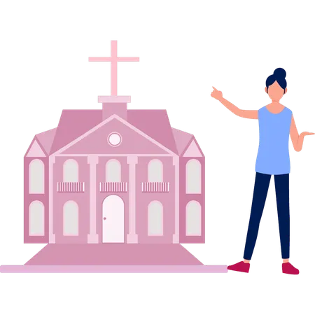 女性が大聖堂の建築について説明している  イラスト