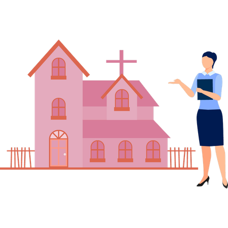 Woman is explaining cathedral catholic church  Illustration