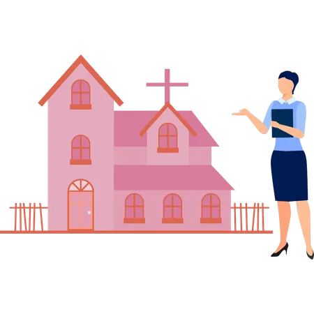 Woman is explaining cathedral catholic church  Illustration