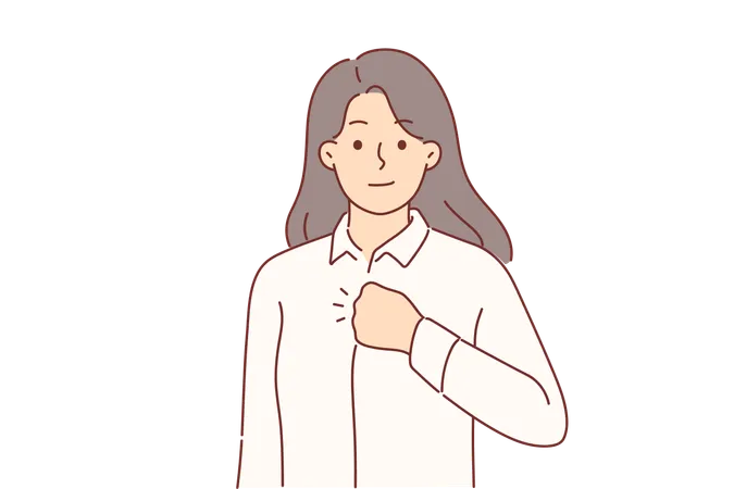 Confident Woman Puts Fist To Chest To Swear Oath Or Show Determination To Fight Problems Confident Girl In Business Shirt Looking At Screen Showing Pride After Achieving Career Success Illustration