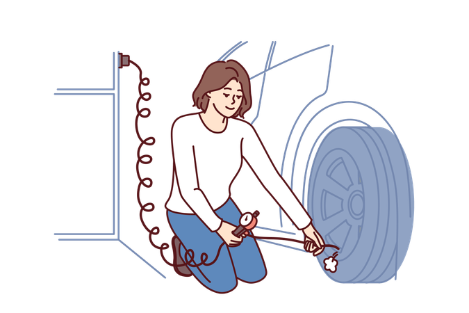 Woman is filling air using air pump into car tires  Illustration