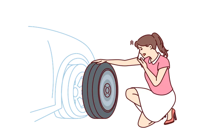 Woman Looks At Punctured Car Tire Trying To Call For Help To Change Tire Or Haul Automobile To Garage Girl Near Car Parked On Roadside Needs Emergency Help For Concept Of Breakdown On Road Illustration