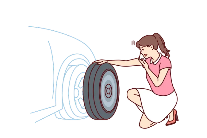 Woman is fixing car wheel  Illustration