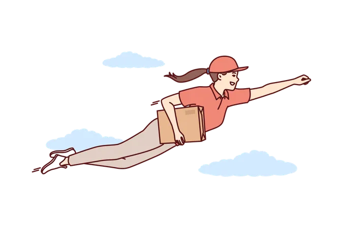 Superhero Courier Is Flying In Sky With Parcel For Customers And Is In Hurry To Deliver Mail Order Woman Courier Service Employee In Superhero Pose For Advertisement For Fast Parcel Delivery Company Illustration
