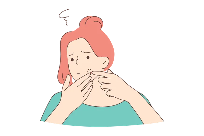 Health Care Examination Frustration Concept Young Sad Upset Woman Girl Teenager Cartoon Character Looking At Mirror Popping Squeezing Pimple At Home Age Problem Of Acne Prone Skin Illustration Illustration