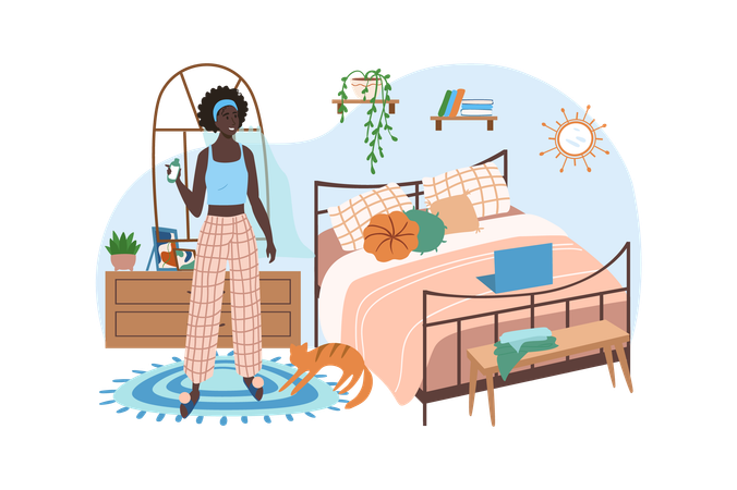 Woman is getting ready for her comfortable bed  Illustration