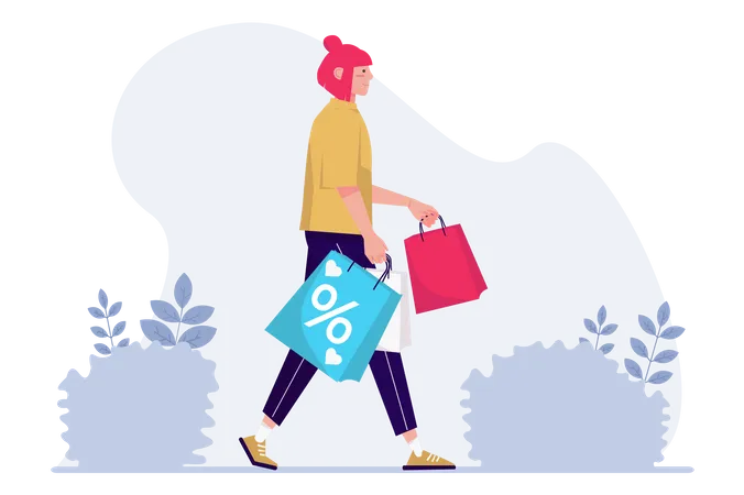 Concept Shopping With People Scene In The Flat Cartoon Design Woman Is Going Home From Shopping With Successful Purchases Vector Illustration Illustration