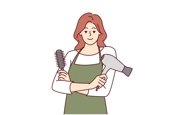 Woman Professional Hairdresser From Barbershop Holding Comb And Hair Dryer To Care For Client Hairstyle Girl Working As Hairdresser In Beauty Salon Stands With Arms Crossed And Looks At Camera Illustration