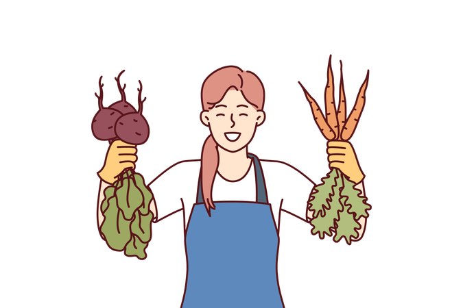 Woman is happy about good harvest of beets and carrots and demonstrates fresh vegetables  일러스트레이션