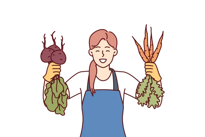 Woman is happy about good harvest of beets and carrots and demonstrates fresh vegetables  Illustration