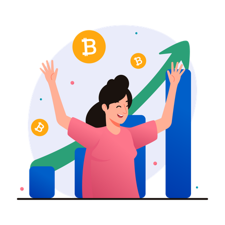Woman is happy because the price of bitcoin is rising  Illustration