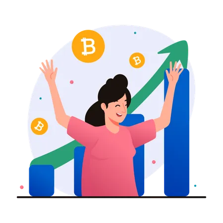 Illustration Of Woman Is Happy Because The Price Of Bitcoin Is Rising Illustration