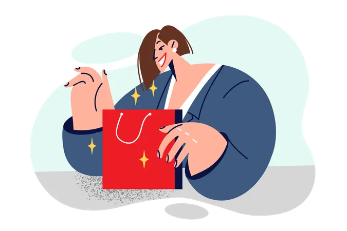 Woman Shopaholic Holds Paper Bag From Supermarket Or Fashion Boutique And Looks Inside With Smile Intrigued Shopaholic Girl Receiving Gift In Red Package After Shopping In Clothing Store Illustration