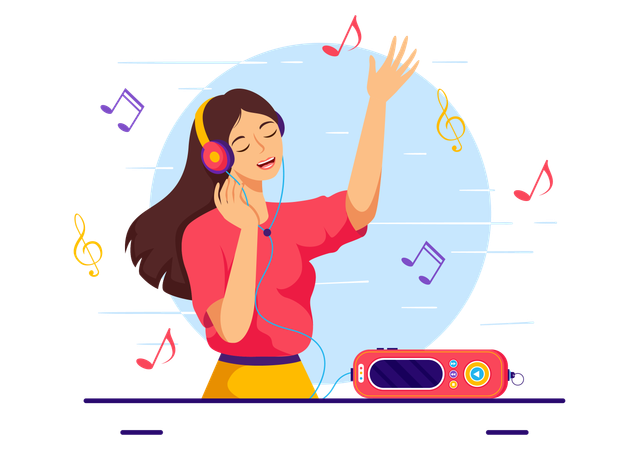 Woman is happy while listening romantic songs  イラスト