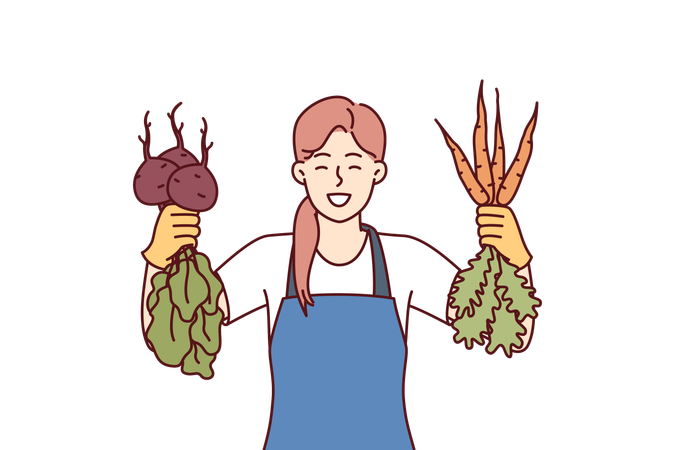 Woman is happy with good harvest of vegetables  Illustration