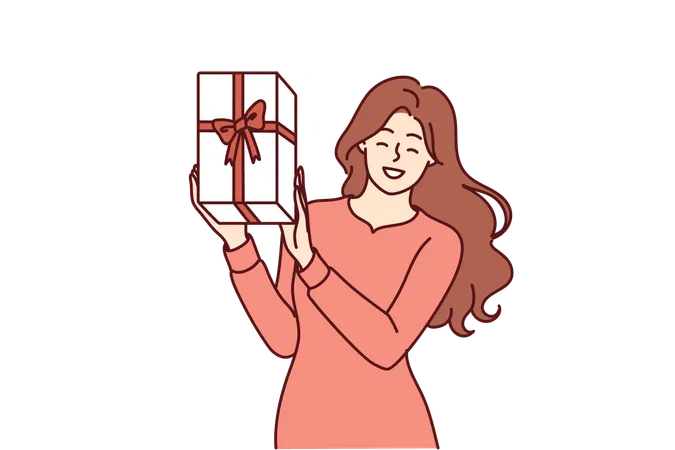 Happy Woman Shows Gift Box With Red Ribbon Given By Boyfriend In Honor Of Birthday Or Christmas Eve Positive Girl Shows Off Gift She Received After Participating In Promotion From Clothing Store Illustration