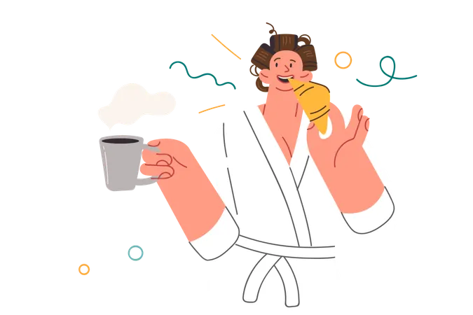 Woman Is Having Breakfast Eating Fresh Croissant And Holding Cup Of Coffee In Hand Standing In Bathrobe Girl Has Breakfast After Waking Up Enjoying Taste Of Homemade Cakes And Caffeinated Drink Illustration