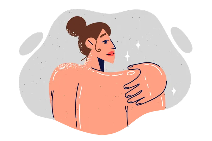 Naked Woman Stands With Back To Screen And Touches Shoulder Calling For Skin Care And Execute Spa Treatments Girl With Smooth Beautiful Skin Recommends Cream For Moisturizing And Rejuvenating Body Illustration