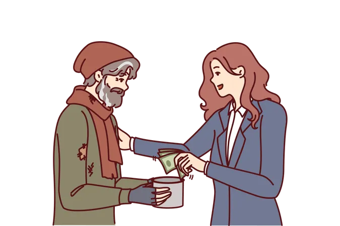 Woman is helping beggar  Illustration