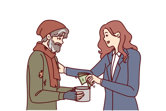 Successful Woman Helps Beggar By Giving Money For Food And Lodging To Save Person Has Fallen Into Difficult Situation Merciful Businesswoman In Formal Wear Generously Helps Beggar For Charity Concept Illustration
