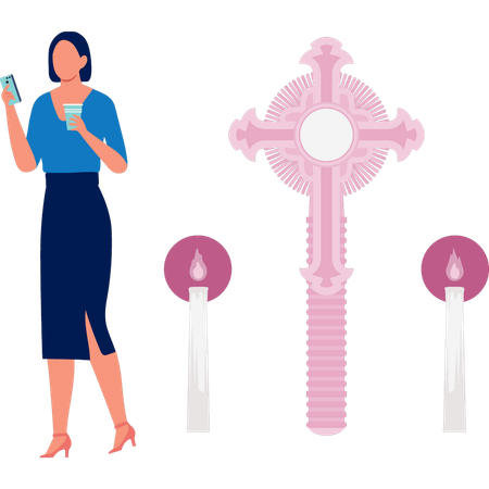 Woman is holding coffee looking mobile  Illustration