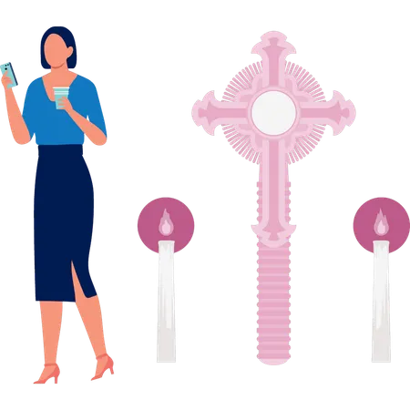 Woman is holding coffee looking mobile  Illustration
