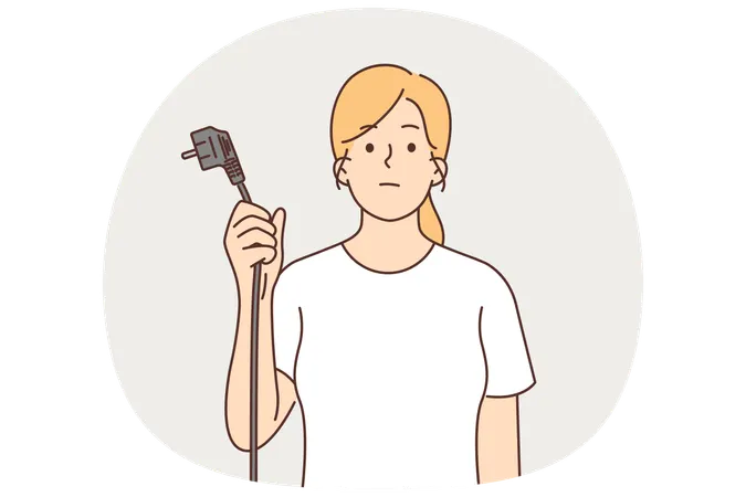 電力不足のため、ユーロソケットの電気機器のコードを持っている女性  イラスト