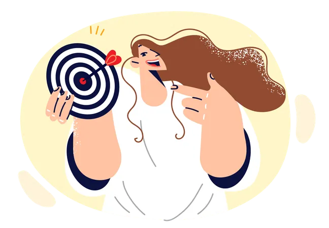 Woman Holds Target For Darts And Smiles Demonstrating Accurate Hit In Center Of Target Purposeful Girl Dressed In Casual Shirt Recommends Striving For Success And Achieving Goals Illustration