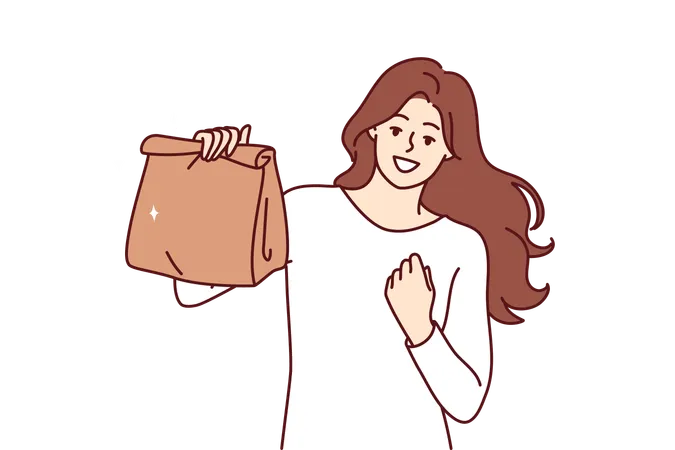 Woman With Paper Bag Making Victory Gesture Demonstrating Food Ordered From Restaurant With Delivery Takeaway Package For Food Or Drinks In Hand Of Girl Delighted With Purchase Of Delicious Lunch Illustration