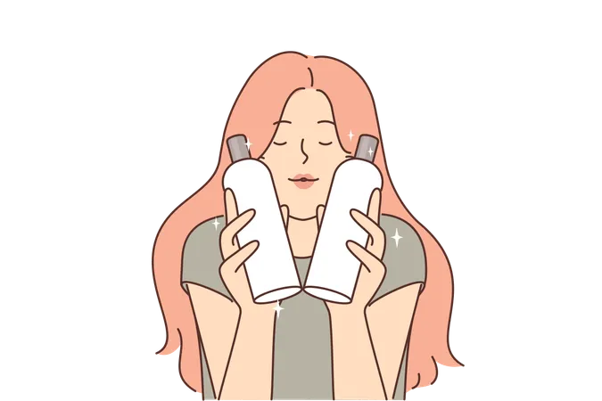 Woman Is Holding Two Bottles Of Shampoo And Conditioner To Wash Hair And Create Lush Beautiful Hairstyle Girl Closes Eyes Recommending Use Of Shampoo To Get Rid Of Dandruff Or Oil On Hair Illustration