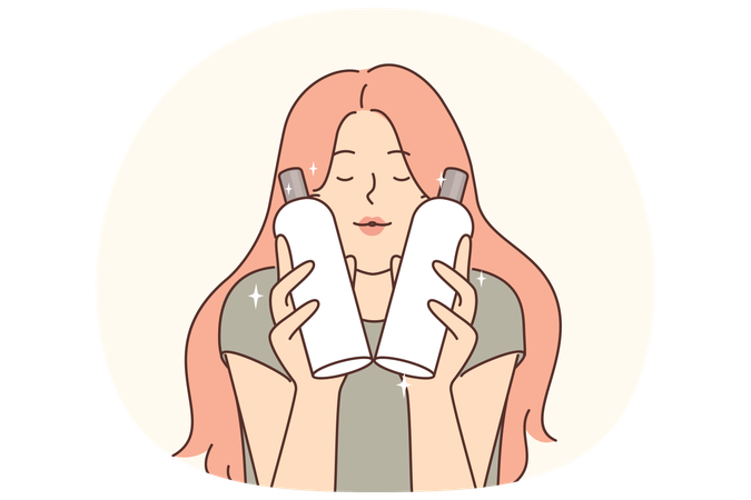 Woman is holding two bottles of shampoo and conditioner to wash hair and create lush hairstyle  Illustration