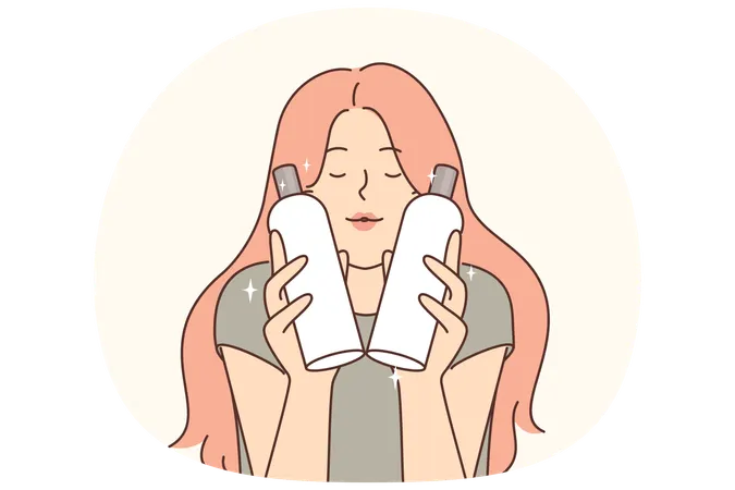 Woman is holding two bottles of shampoo and conditioner to wash hair and create lush hairstyle  Illustration