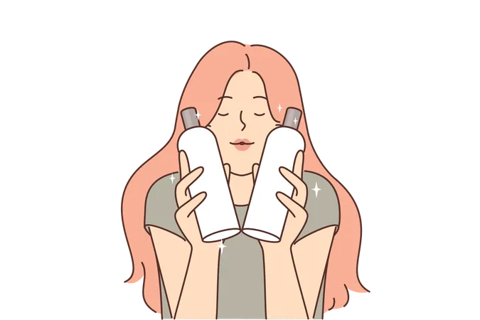 Woman is holding two bottles of shampoo  Illustration