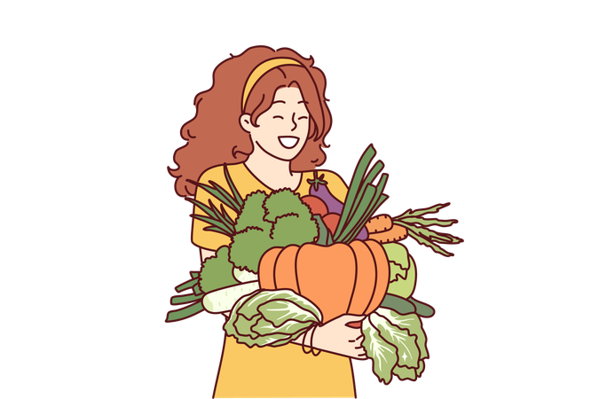 Woman is holding vegetable basket  일러스트레이션