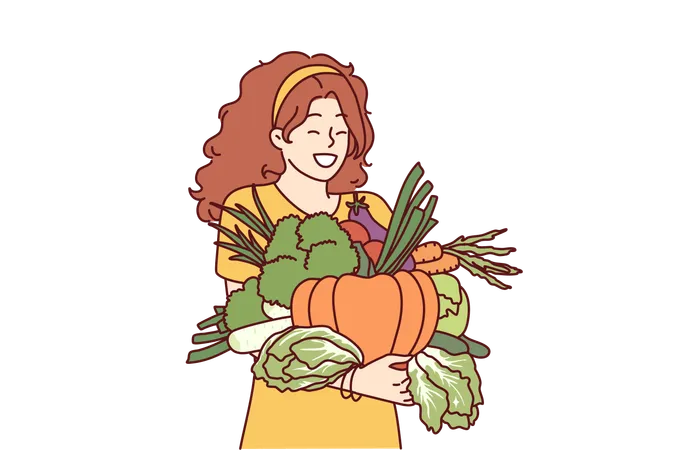 Woman With Vegetables In Hands Rejoices Good Harvest Or Favorable Prices For Food At Farmers Market Vegetarian Girl Holding Organic Vegetables For Making Healthy Soups And Tasty Salts Illustration