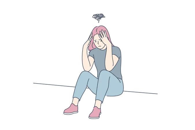 Depression Fatigue Mental Stress Frustration Concept Young Depression Frustrated Woman Or Girl Teenager Sitting On Floor At Home Fatigue Raising Of Mental Stress Because Of Headache Or Bad News Illustration