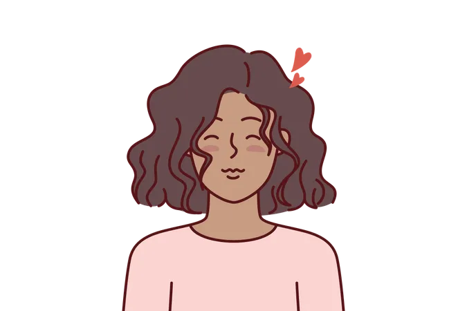 Little Teen Girl Has Romantic Feelings And Closes Eyes Dreaming Of Loving Boyfriend Or Big Family African American Ethnic Teenager Girl With Hearts Near Head Symbolizing Love And Romance 일러스트레이션