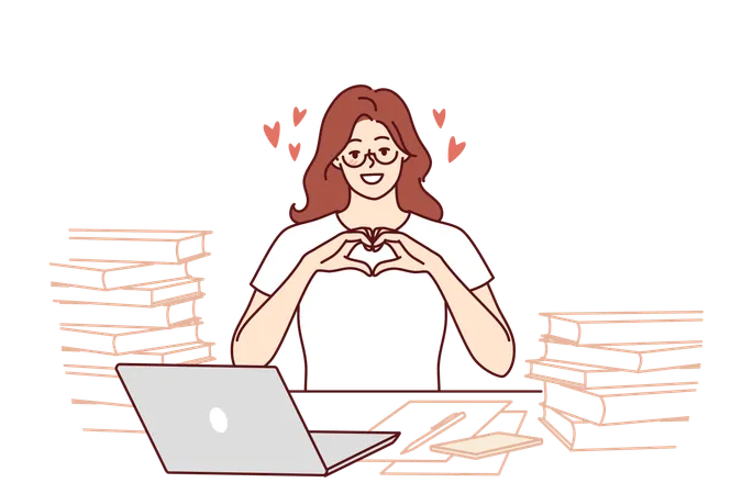 Romantic Woman Freelancer Shows Heart With Fingers As Token Of Appreciation To Clients Or Employers Girl In Love Says Hello To Boyfriend Posing For Romantic Message At Table With Papers Illustration