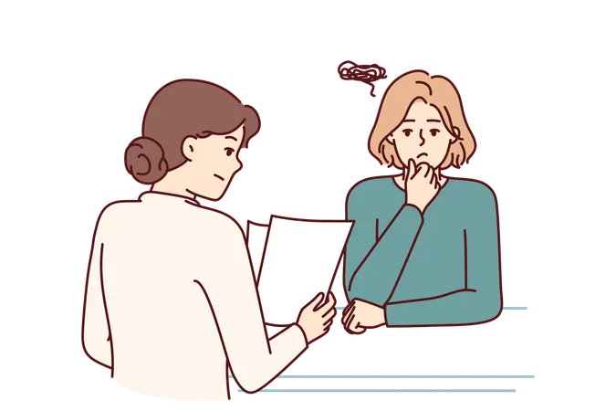 Woman Is Interviewing In Corporation And Is Nervous Waiting For Recruiter To Read Resume And Make Job Offer Worried Girl Needs Good Job And Feels Fear Due To Self Doubt Or Lack Of Skills Illustration