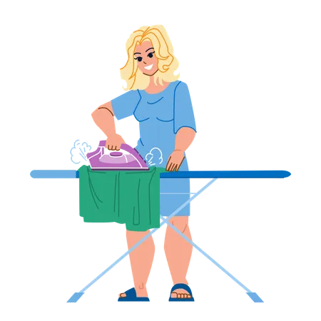 Woman is ironing clothes on table  일러스트레이션
