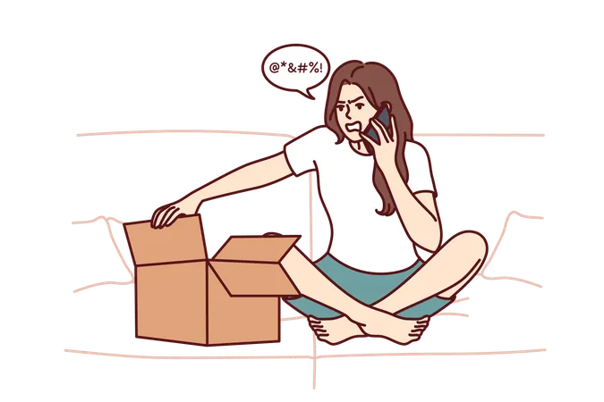 Frustrated Woman With Box And Phone Makes Call To Store Support Team Complaining About Damaged Product Nervous Girl With Box Reports Negative Shopping Experience After Ordering Delivery Illustration