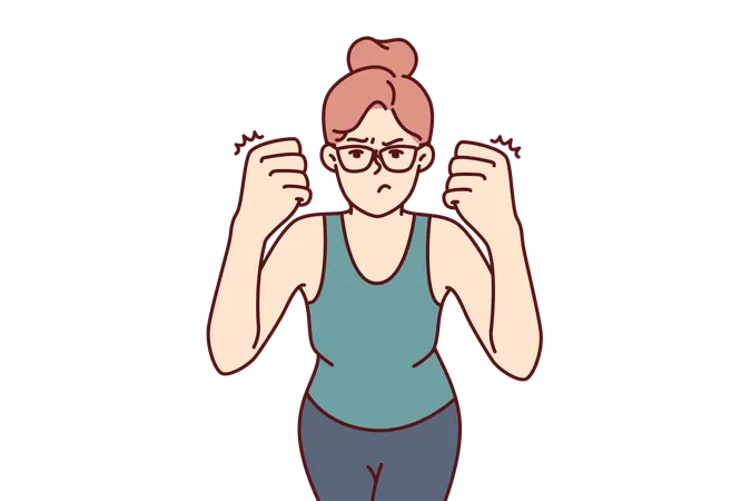 Woman Clenches Fists Demonstrating Willingness To Fight And Feeling Desire To Beat Offender Because Of Insult Or Aggression Strong Girl In Glasses Looks At Screen Showing Aggression And Hatred Illustration