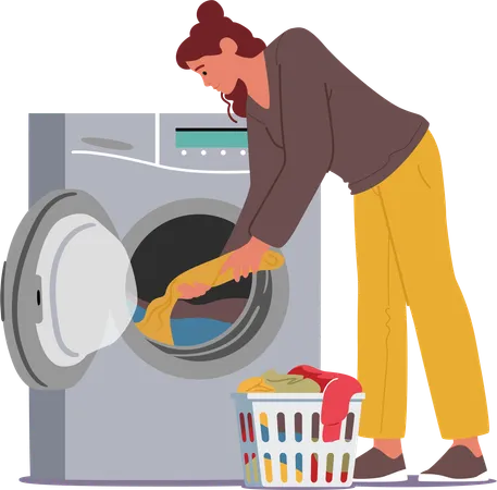 Female Character Loads Clothes Into The Washing Machine Meticulously Arranging Garments For A Thorough Clean Woman Care Of Clothes Engages In Domestic Household Routine Cartoon Vector Illustration Illustration