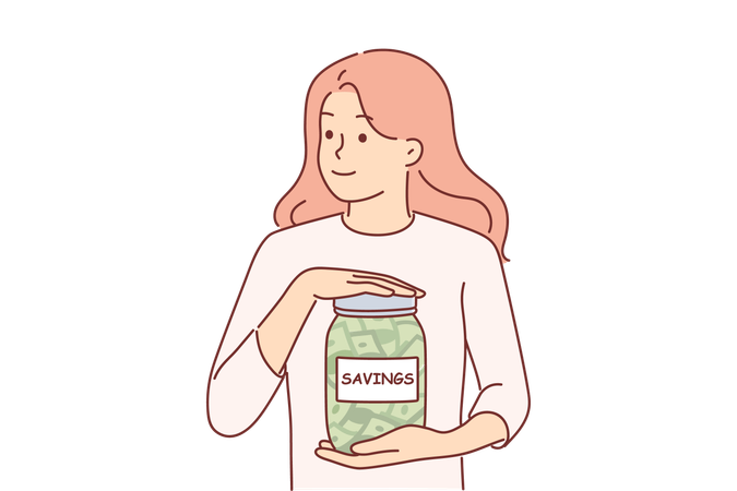 Woman is keeping savings in savings jar  イラスト
