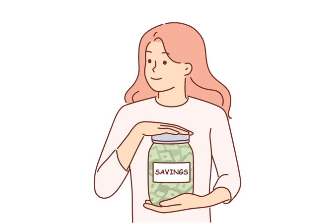 Woman Holds Jar With Savings Refusing To Keep Money On Bank Deposit And Not Trusting Investment Companies Young Girl Savings Money For Cherished Dream Or Life After Early Retirement Illustration