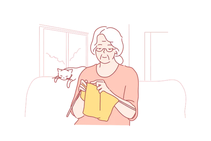 Woman is knitting woollen clothes  Illustration